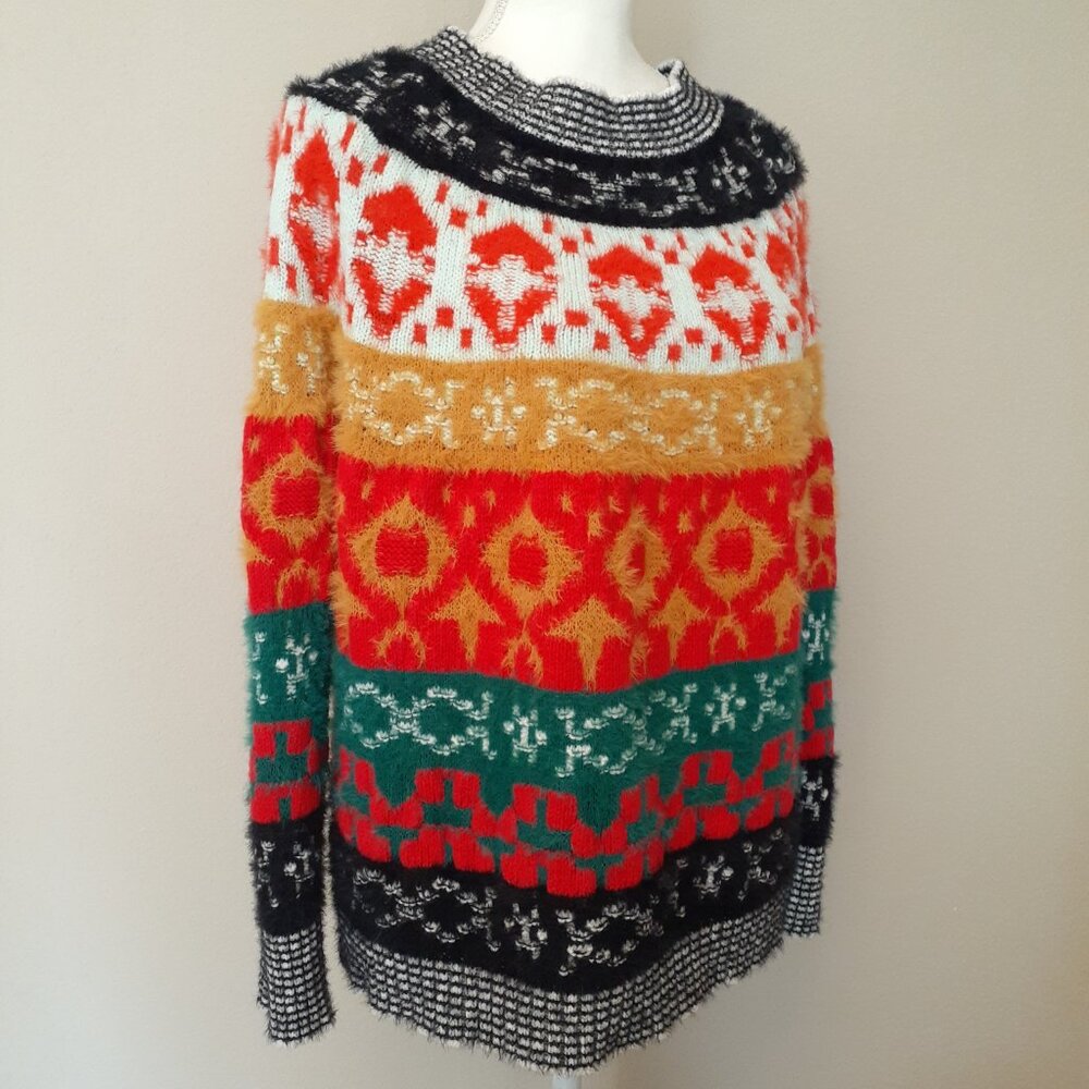 Max & Co. Multicolor Patterned Cowl Sweater — Red, Green, Gold, Black, White